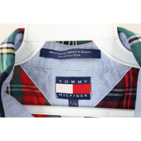Vtg 90s Tommy Hilfiger Mens Large Faded Rainbow Plaid Collared Button Down Shirt - Picture 6 of 9